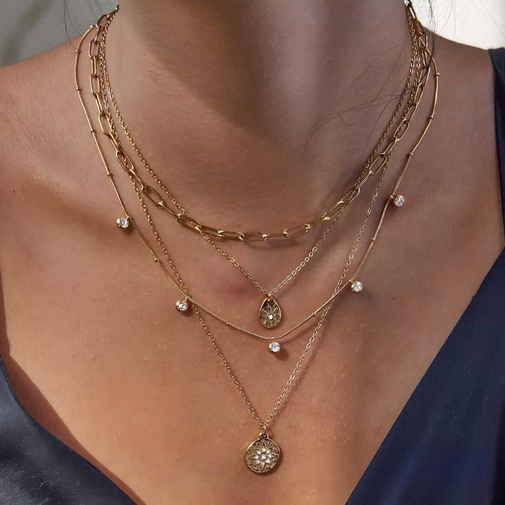 18k Pvd Stainless Steel Paperclip Necklace Waterproof Collarbone Sparkling Star Rhinestones Pendant Necklaces for Women