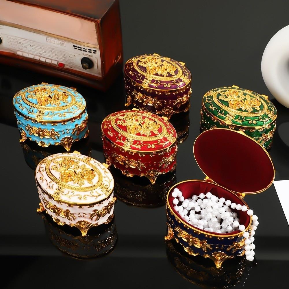 Vintage Rose Enamel Box European Style Antique Storage Case Earring Display Box  Dressing Table