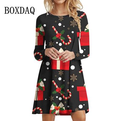 Winter Christmas Party Women Dresses For Autumn Casual Christmas Crutch Pattern Print Mini Dress Oversized Woman Dress Gift