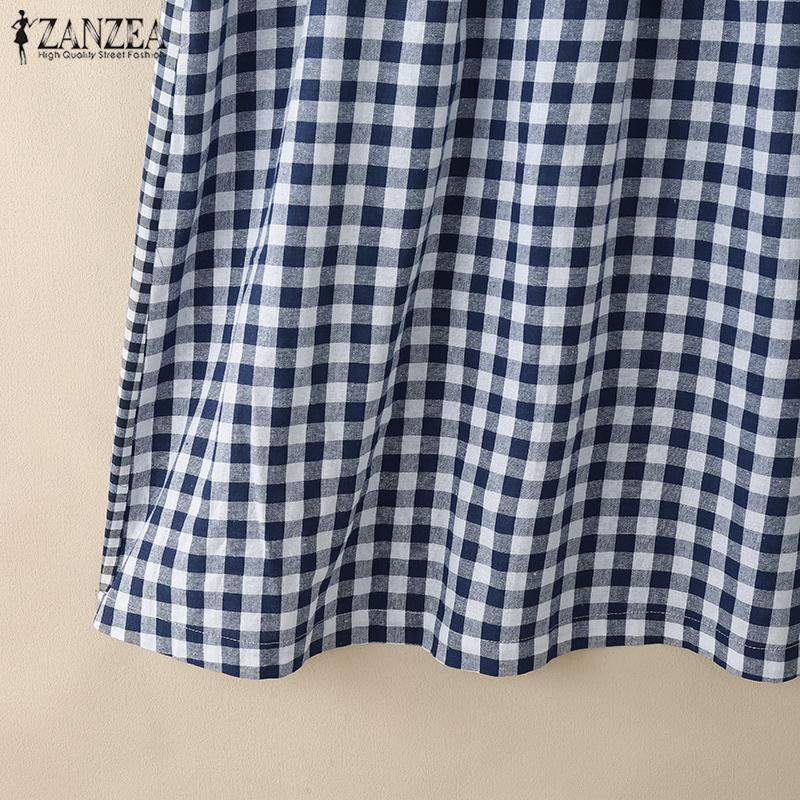 ZANZEA Women Plaid Print Summer Casual O-neck Half Sleeve Long Dress