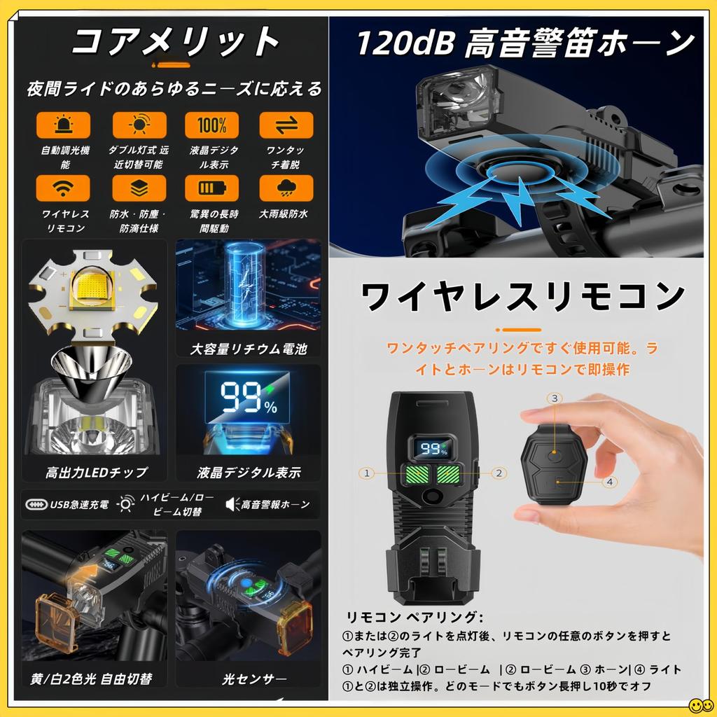 Bicycle Light with Remote Control, 120dB Alarm, High Brightness LED
