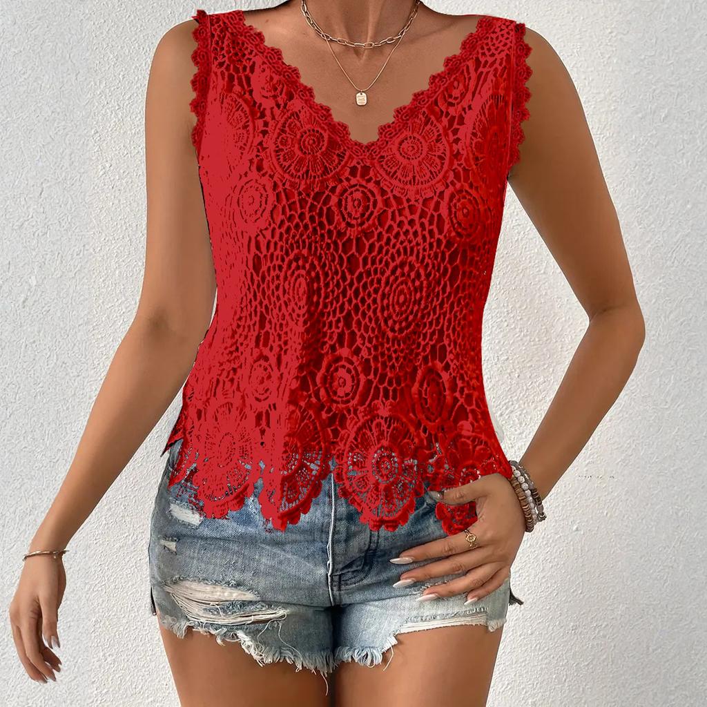 Women's Fashion Lace V-Neck Hollowed-Out Short Sleeveless Vest Top