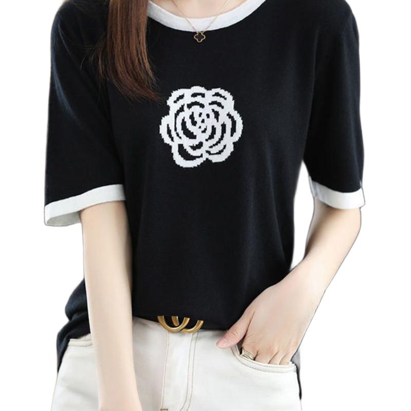 Women s Korean-Style Retro Loose Slimming Top V-Neck Embroidered Short-Sleeve T-Shirt M чёрный