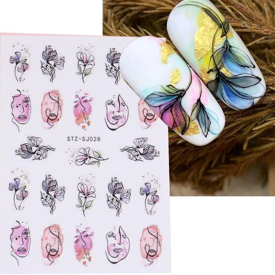 Lily Flower Geometric 3D Nail Stickers Maple Leaves Lines Nail Art Adhesive Sliders Red Berries Decals Decoration PPSTZ-SJ027