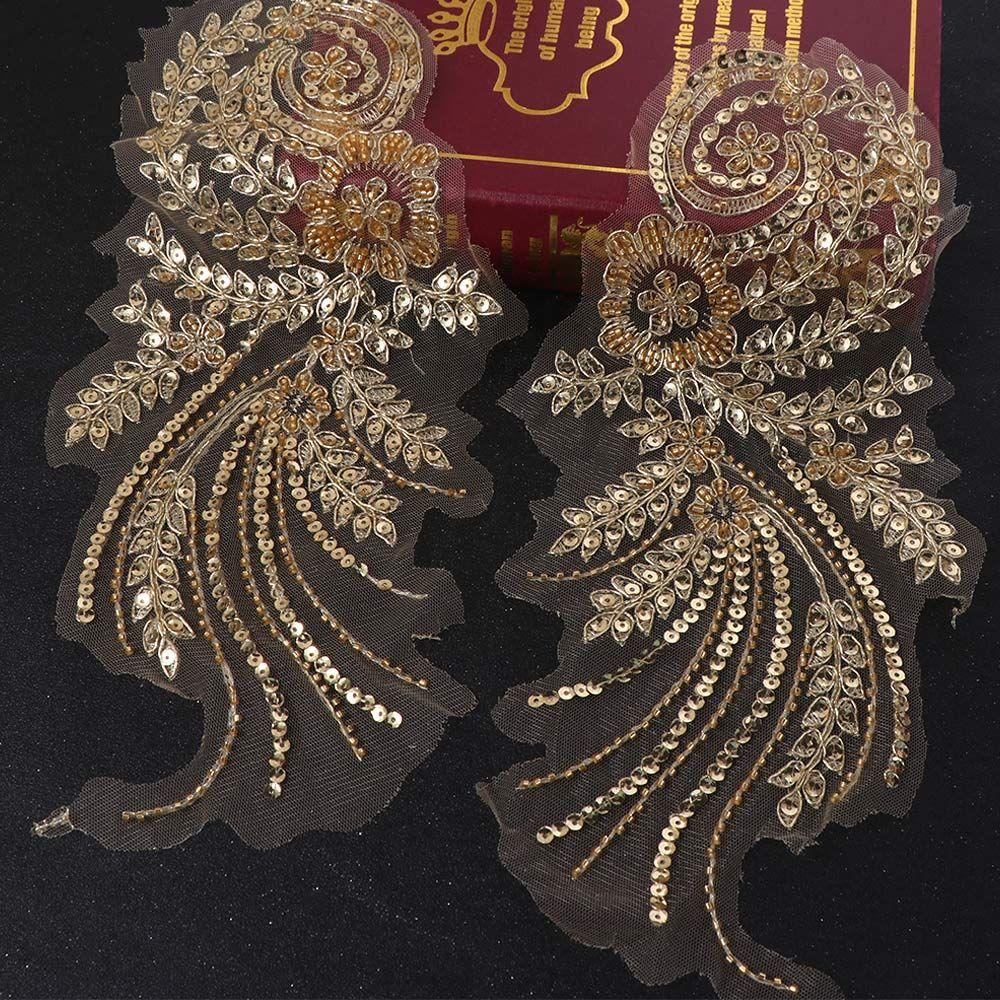 1Pair Gorgeous 3D Gold Beads Appliques DIY Craft Sequin Clothing Patches Exquisite Vintage Clothing Applique Sewing