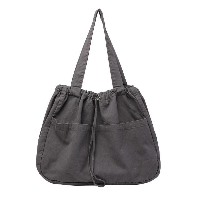 IELGY Japanese casual drawstring bundle handbag, retro washed canvas fashionable solid color shoulder women's bag