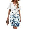 Women's Summer Floral Print Dress Pleated Short Sleeve V-Neck Pocket Casual Dress