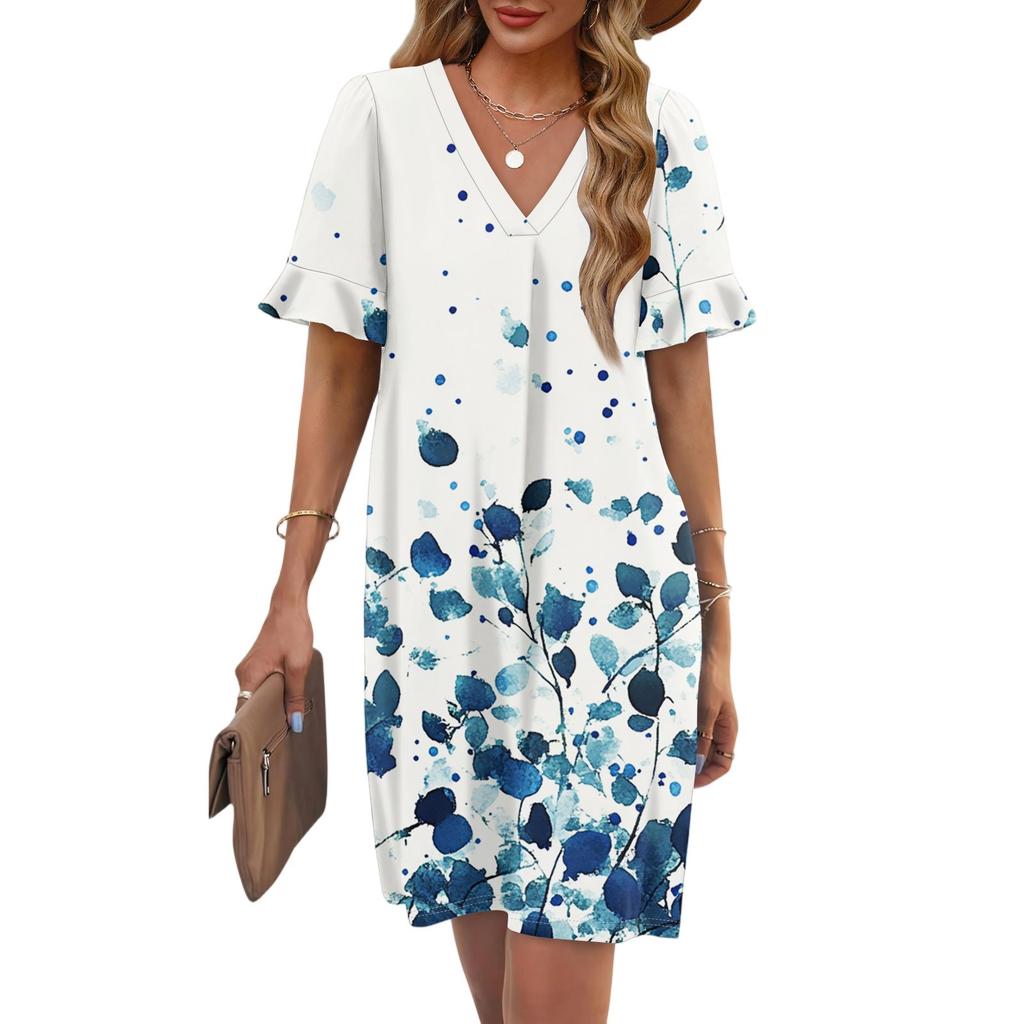 Women's Summer Floral Print Dress Pleated Short Sleeve V-Neck Pocket Casual Dress