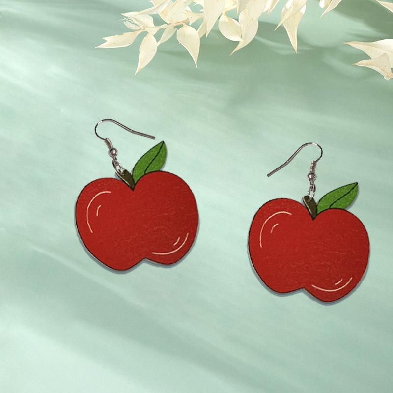 Red apple simulated earrings, earrings, wooden fashion, lively and cute, little fresh, school season, graduation season