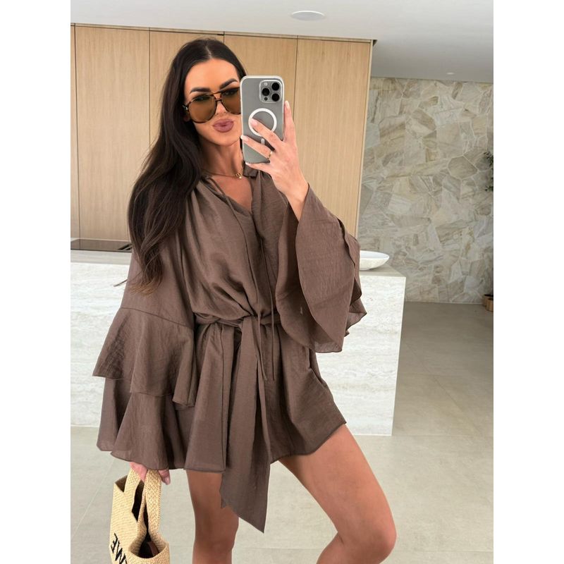 Western Style New Fashion Casual Loose Frill Short dress Lace up Dress Long Sleeve Dress