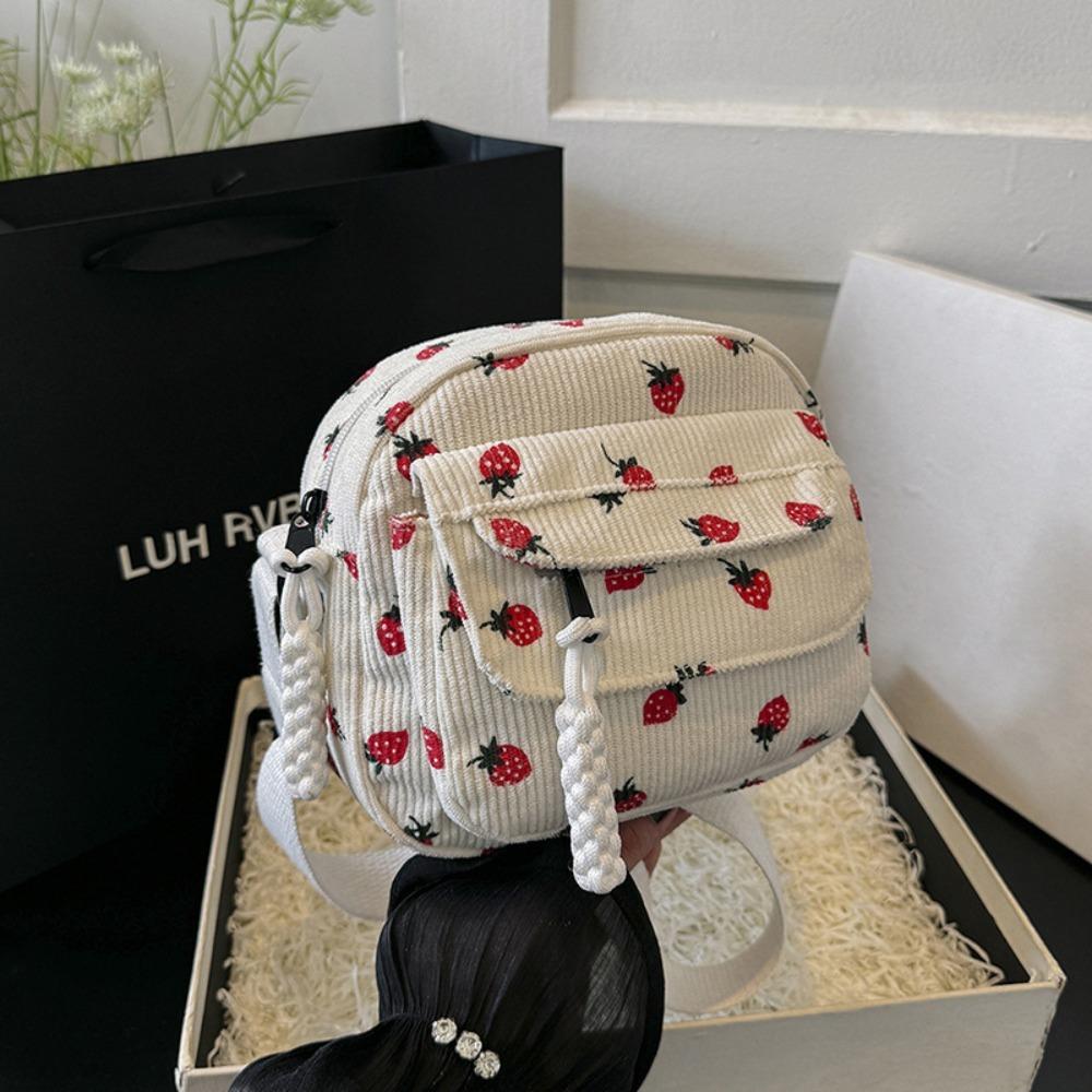 Fashion Printing Strawberry Crossbody Bag Zipper Corduroy Shoulder Bag Sweet Women Girl Large Capacity Handbag
