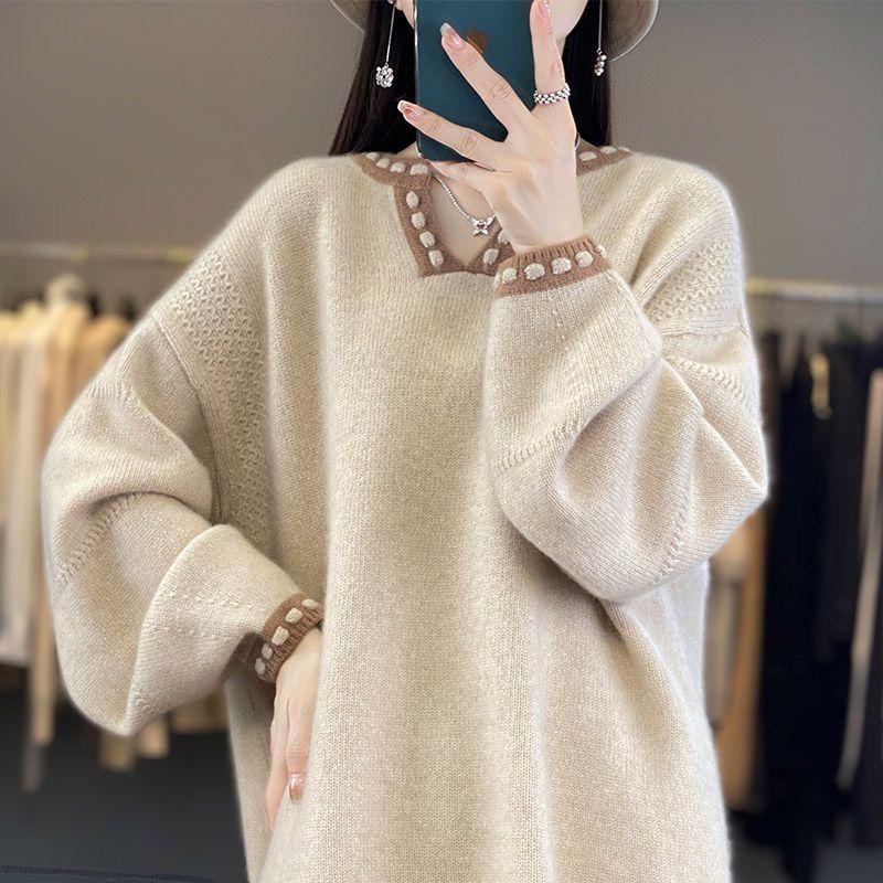 Korean Style Oversized Loose Knit Sweater Casual V Neck Pullover Color Block Tops for Women Autumn