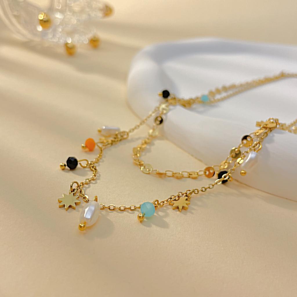 Fashion Titanium Steel Double Layer Stacked Wearing Advanced Ethnic Style Stainless Steel Pearl Necklace Women