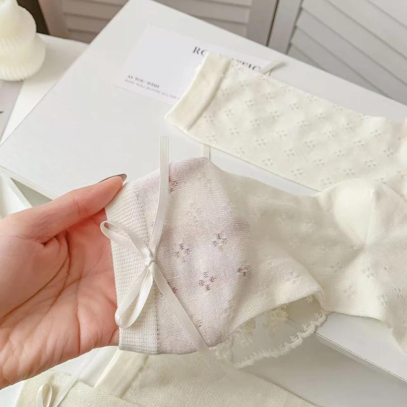 4 Pairs Women Butterfly Bow Net Eye Mid Tube Socks Spring Summer Sweat Absorbing Breathable Sweet Ballet Style Casual Socks