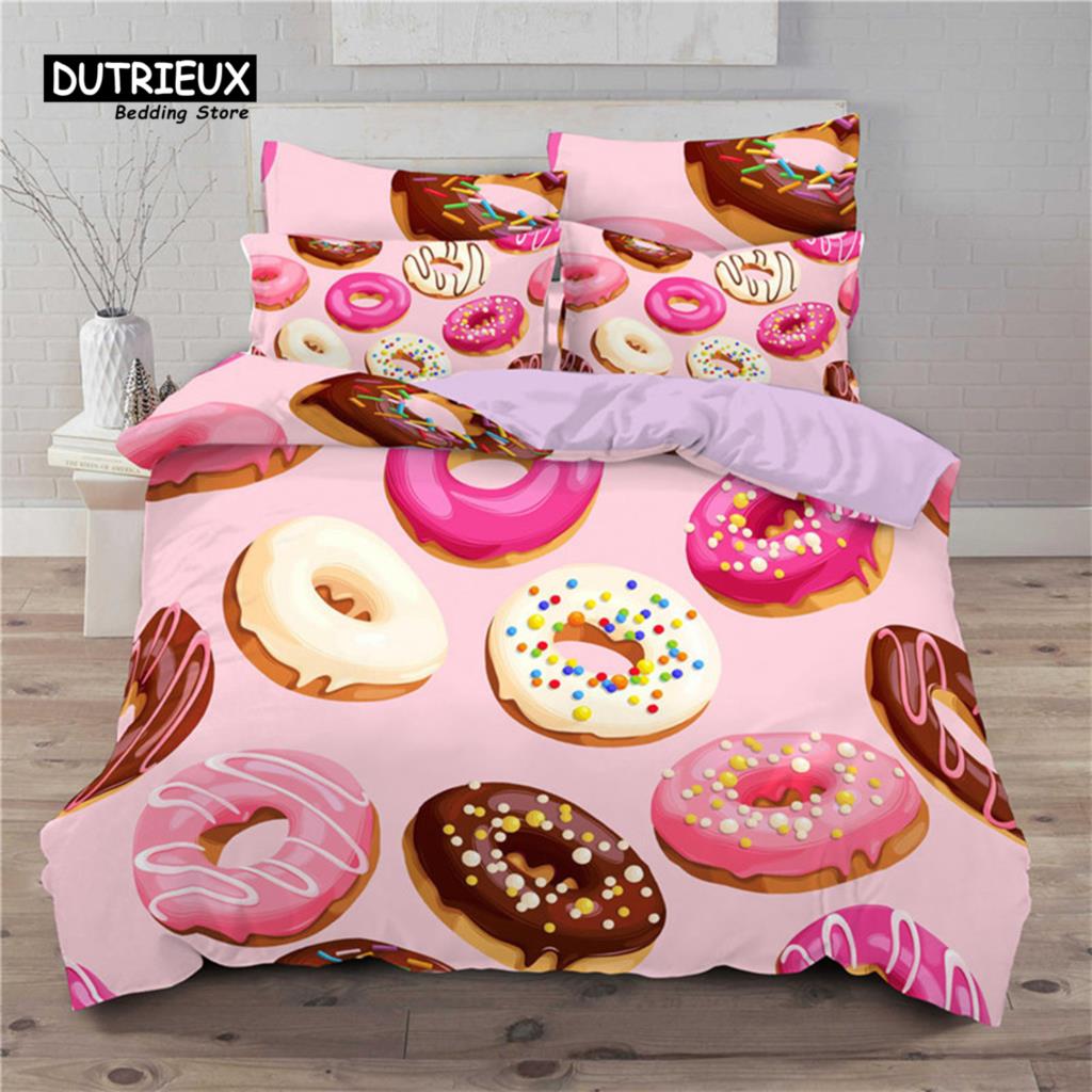 Soft Cute Donuts Duvet Cover Set Dessert Theme Bedding Set For Girls Boys Gifts Microfiber Funny Cartoon Tasty Foods Quilt Cover