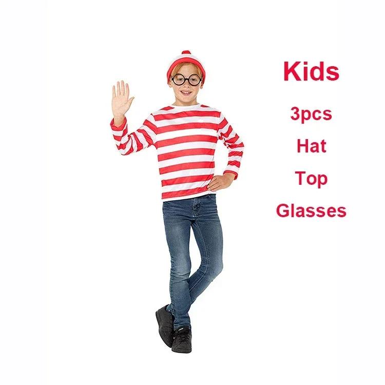 Waar is Wally Streepjeshemd Jongens Wally Kostuumhemd Bril en Hoed Sokken Unisex Volwassenen Carnaval Cosplay Kostuum S