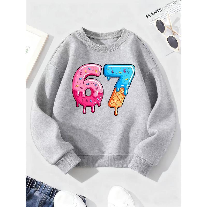 Unisex Kids Sweatshirt, Donut Ice Cream Drip Number 67 Print Long Sleeve Pullover, Boys Girls Cute Sweet Birthday Sweatshirt For Kids Over 4 Years Old