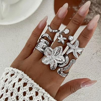 DIEZI One Set Punk Imitation Pearl Starfish Flower Knuckle Rings For Women Vintage Fashion Gold Silver Color Joint Ring Jewelry