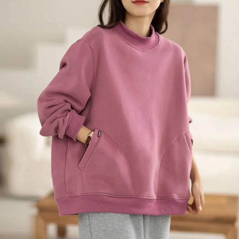 Damen Halbhoher Kragen Langarm Sweatshirt Übergröße Herbst und Winter Locker Plüschig und Warmes Oberteil
