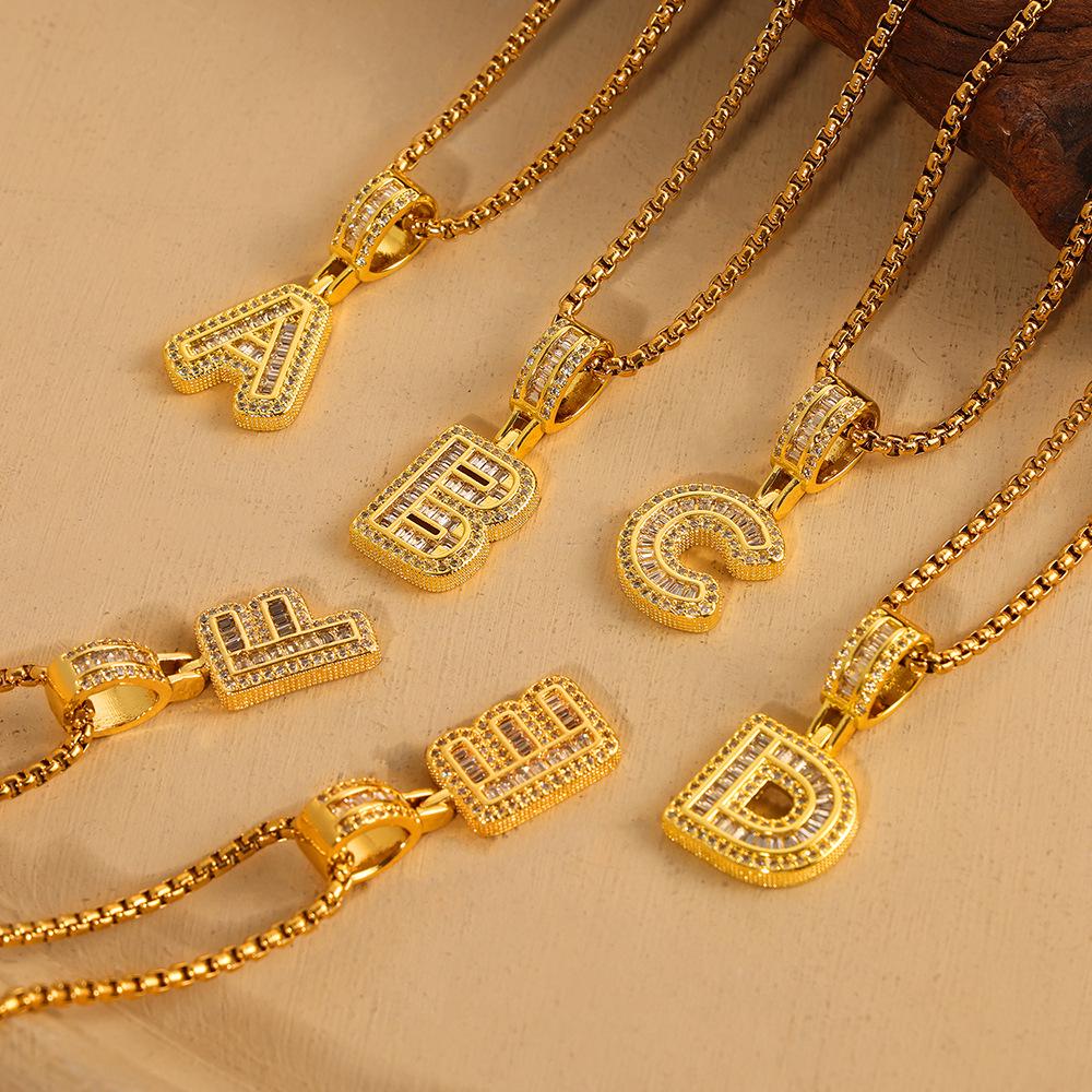 Minimalist Letter Inlaid Diamond Copper Pendant Necklace with Long Box Chain in Gold-Plated Titanium Steel