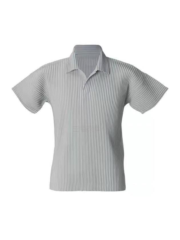 Miyake Men's Loose Fit Pleated Polo Shirt - Summer Breathable Short Sleeve with Turn-Down Collar, Solid Color (JM030)