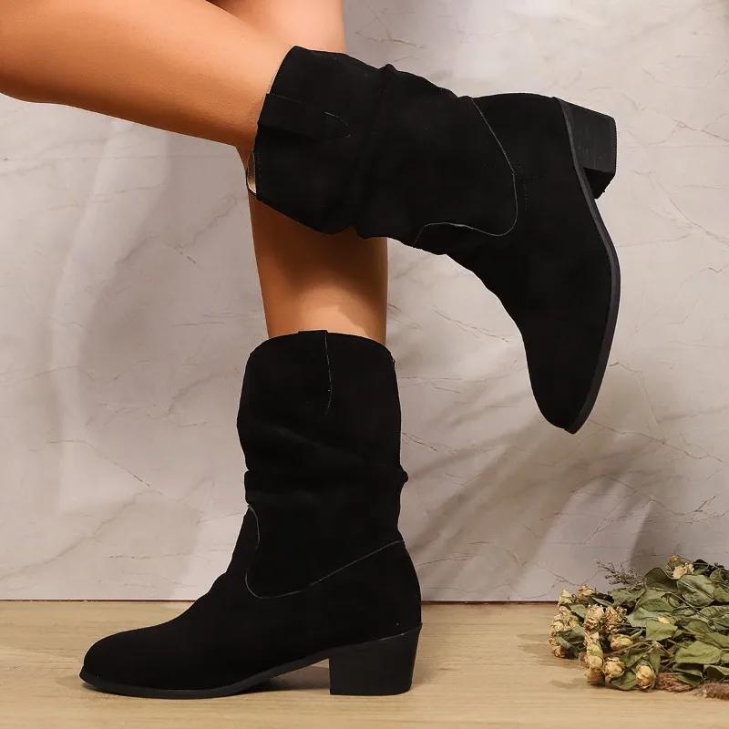 2024 New Brown Chelsea Suede Ankle Boots with Pleated Midpiece, Pointed Toe, Thick Heel, Children's Autumn and Winter