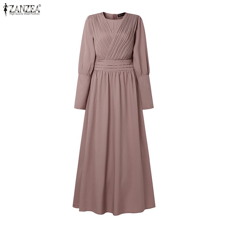 ZANZEA Muslim Casual Round Neck Long Sleeve Loose Women Long Dress