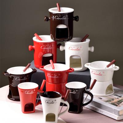 Conjunto de canecas para fondue de chocolate, caneca de cerâmica para derreter chocolate com garfo, vela tealight, pote para fondue de chocolate, queijo, manteiga