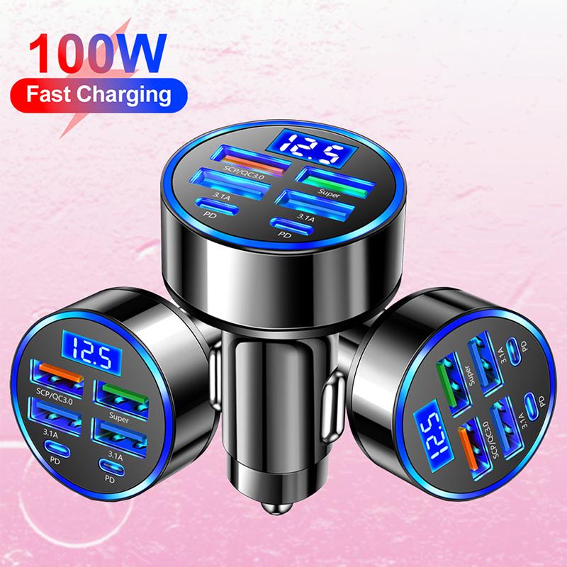 

Car Charger 100W 6 Ports Fast Charging PD QC3.0 4USB C 2PD Car Phone Charger Adapter With Voltage For iPhone 17 16 For Samsung