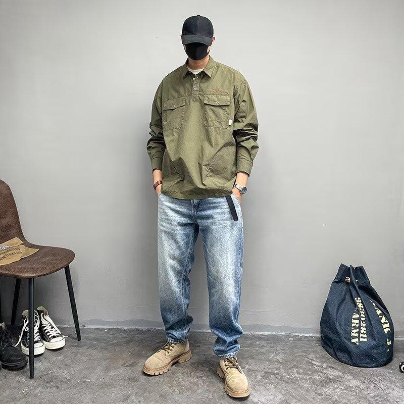 Pullover Sweater Retro Simple Letter Embroidered Shirt Long Sleeve Lapel Multi-Pocket Casual Shirt Spring and Autumn Coat