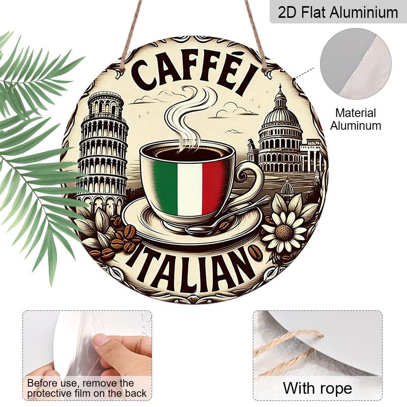 2D Flat, 1pc Caffe 7.87X7.87Round Aluminum Sign, Rome Landmarks Round Aluminum Sign, Italian Coffee Metal Tin Sign - European Style Rustic Metal Wall