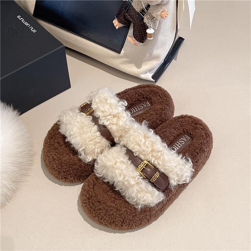 

Internet celebrity senior sense fluffy slippers women wear 2025 new autumn and winter thick bottom heightening lamb plush cotton slippers 35