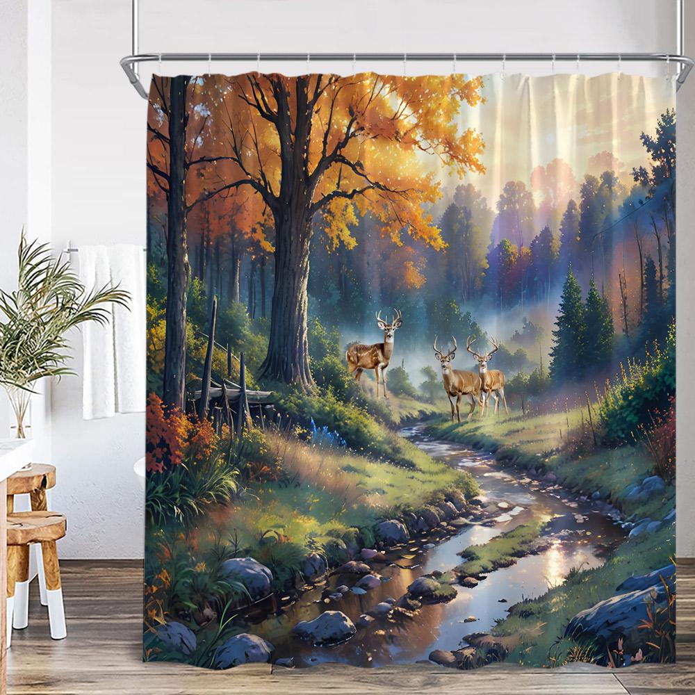 Deer Autumn Scenery Shower Curtain Maple Tree Cabin Stream Mountains Nature Landscape Polyester Bathtub Curtain Bath Decorations