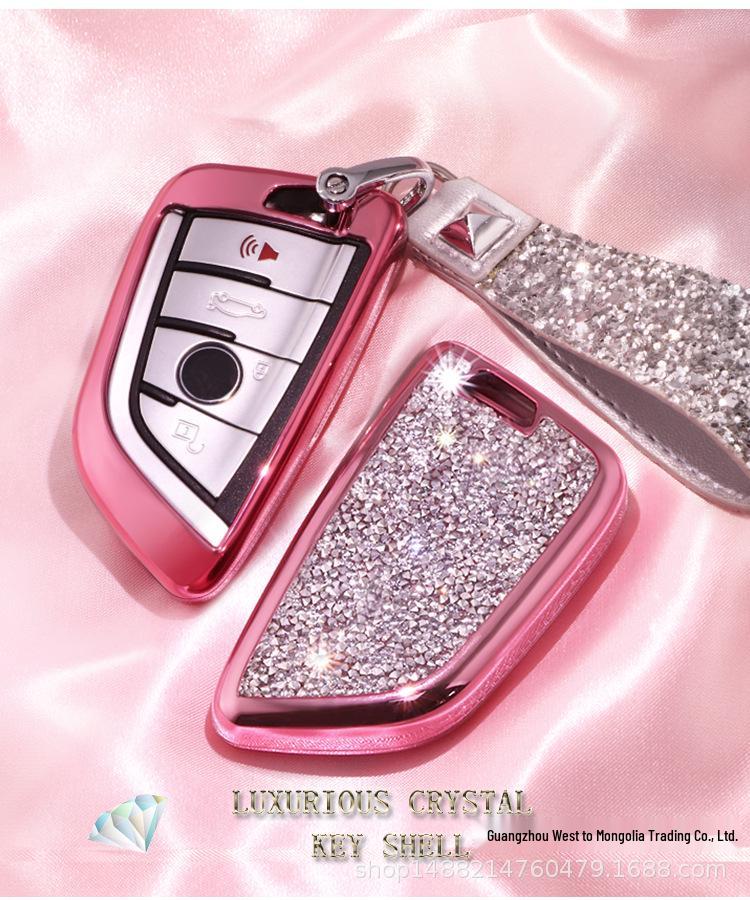 KAKTUS Rhinestone Car Key Shell Cover with Buckle for BMW 7 Series - Women's Protective Case