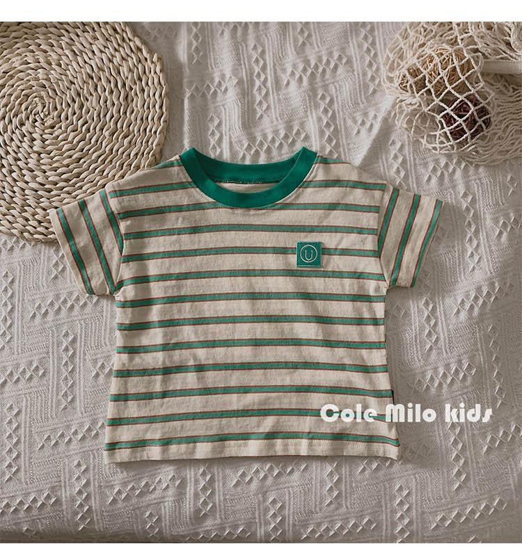 Vielseitiges gestreiftes Leinen-Baumwoll-T-Shirt für Jungen & Mädchen – Kurzarm, Koreanischer Stil, Lockere Passform, Colorblock-Design, Sommer-Modetop.