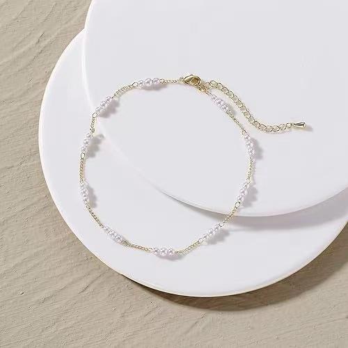 Gold/Silver Ankle Bracelets for Women,14K Gold Plated Tiny Pearl Beads Ayered Anklet Summer Foot Jewelry