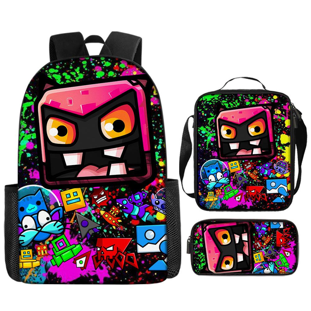 Cartoon Geometry Dash Kinder Schoolrugzak met Schoudertas Etui Schooltassen voor Jongens Meisjes Beste Cadeau