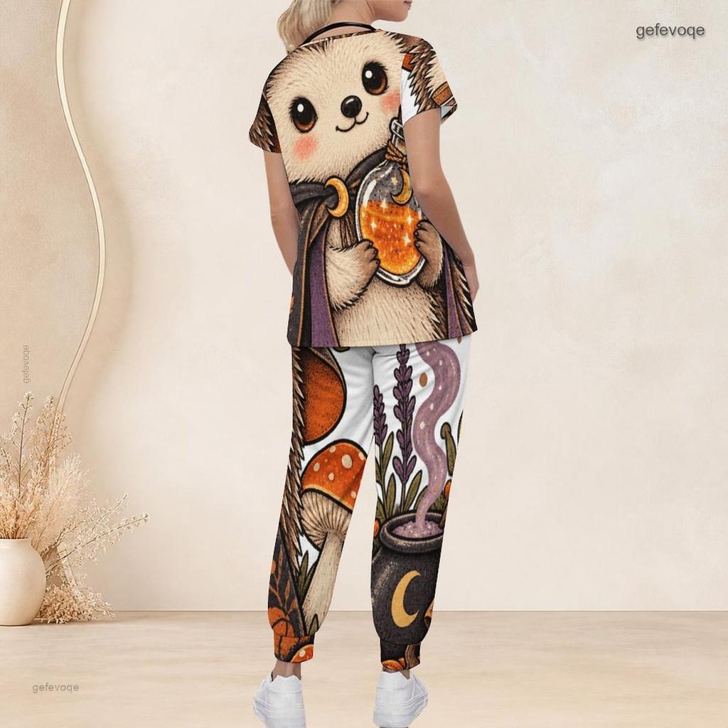 Women Plus Size V Neck Short Sleeve Scrub Set Retro Coffee Cup Floral Art Print Nurse Uniform Set
