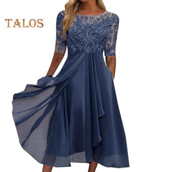 Damen Midikleid mit Blumenspitze, Sommerkleid mit Rundhalsausschnitt, Chiffon, Swing-Kleid, Cocktailkleid, Abendkleid, langes Kleid für Hochzeitsgäste, Brautjungfernparty