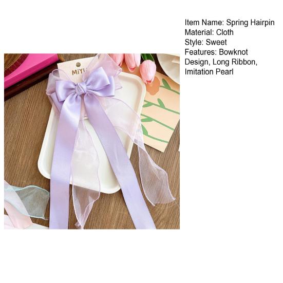 Frühlings-Haarnadel Langes Band Netzgarn Satin Schleife Dekoration Hinterkopf Haarspange Helle Farbe Vielseitig Thematisches Haaraccessoire