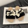 Flat-bottomed cute fluffy slippers women's warm and comfortable autumn retro bow non-slip cartoon one-pedal cotton slippers