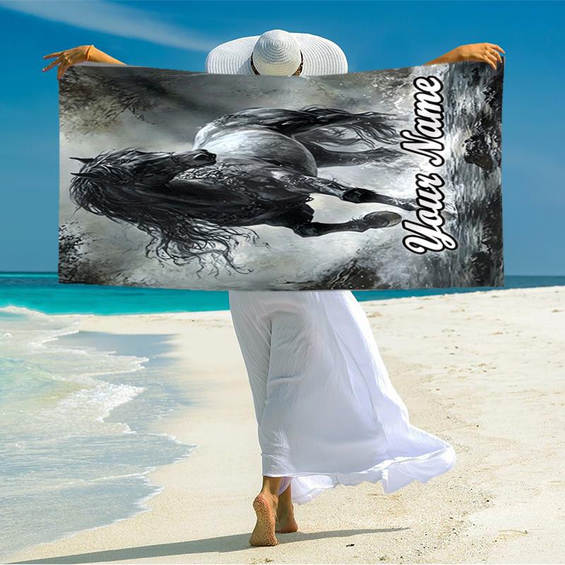 1PC Custom Name Equestrian Fantasy Journey Beach Towel Highly Absorbent And Sand-Resistant Towel for Swimming, Pool, Yoga, And Travel Lightweight