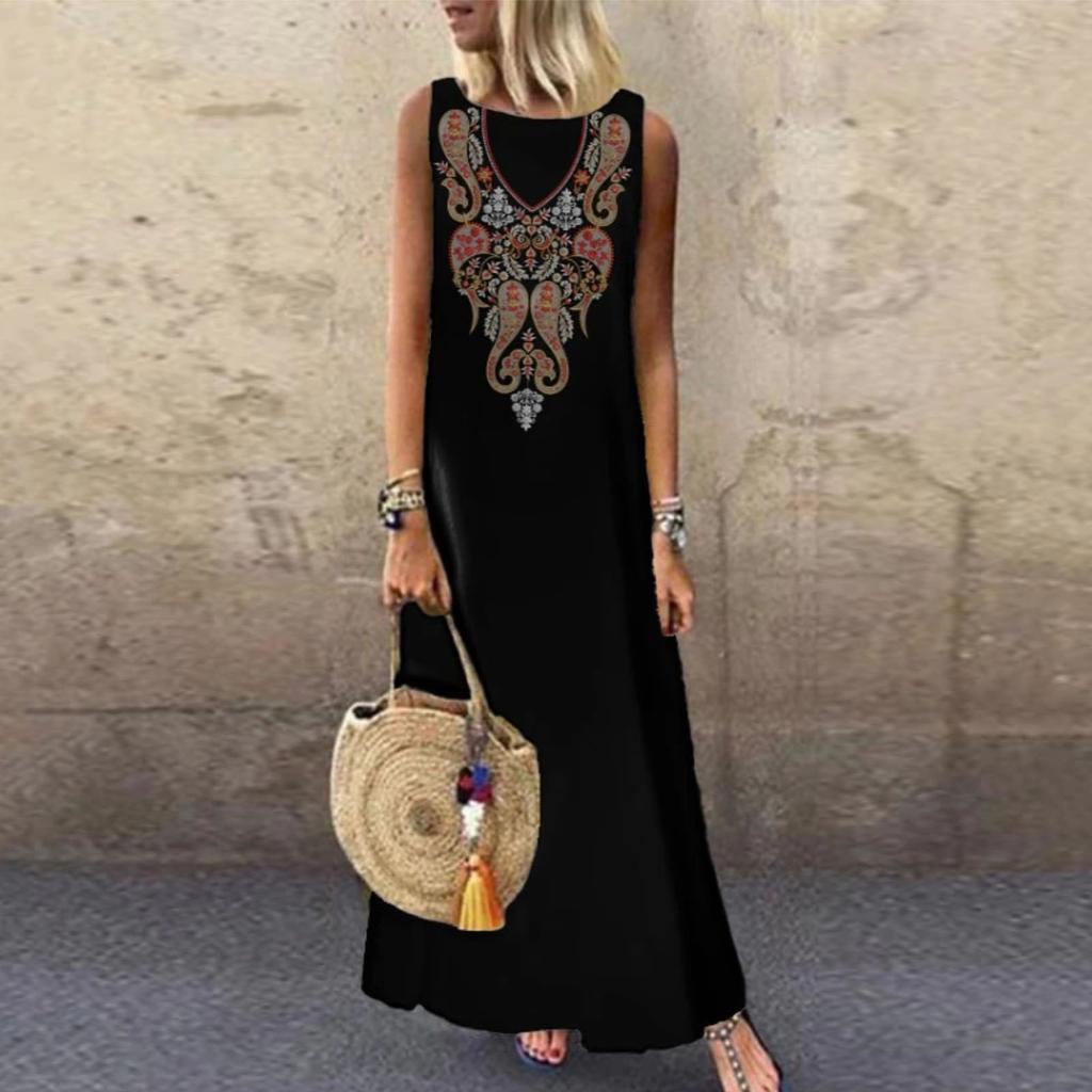Women Boho Summer Sleeveless Sling Printed Casual Loose Long Dress