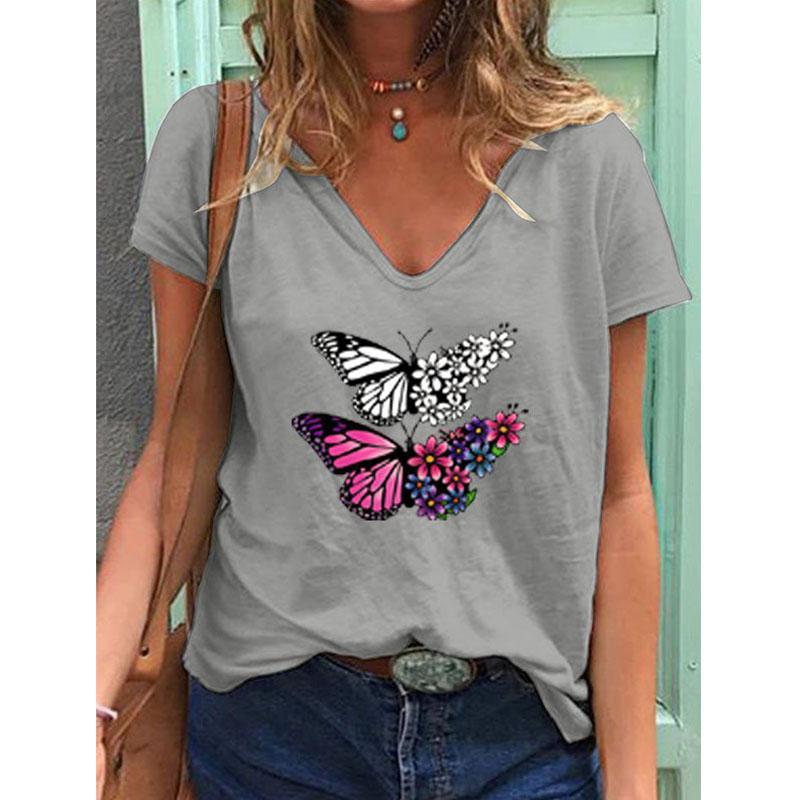 Mode Frühling Retro Schmetterlingsdruck Blusen Kurzärmelige V-Ausschnitt T-Shirts Lässig