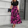 Summer Dress Round Neck Short Sleeve High Waist Long Dress Splicing Leaf Print Flowy Hem Maxi Dress Daily Wear