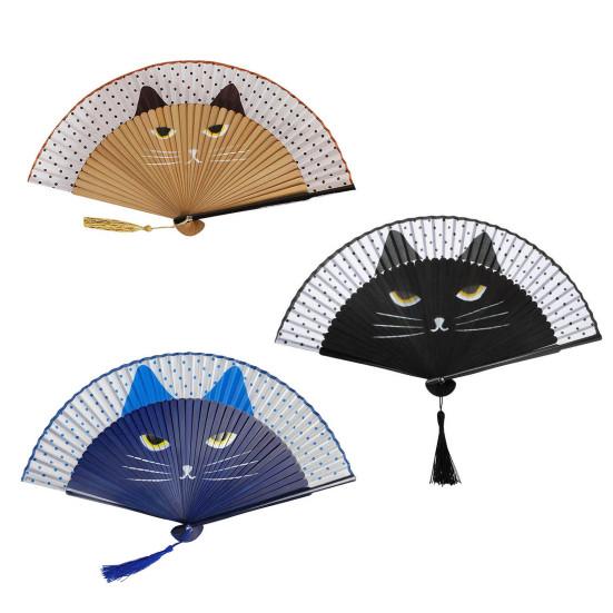 Cartoon Cat Folding Fan Japanese Style Wooden Hand Held Fan