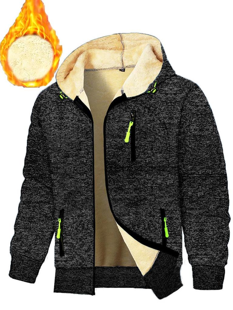 Herbst Neue Herren Freizeit Fleecegefüttert Kapuzen-Reißverschlussjacke Einfarbig Warm Sportbekleidung Herrenmode Oberbekleidung