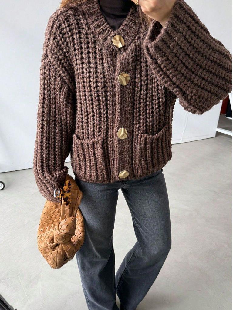 Women's European/American Style Thick Knit Pocket Button Cardigan Sweater, Autumn/Winter.