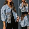 Damen S Langarm Jeansjacke Leopard Patchwork Lässiger Mantel