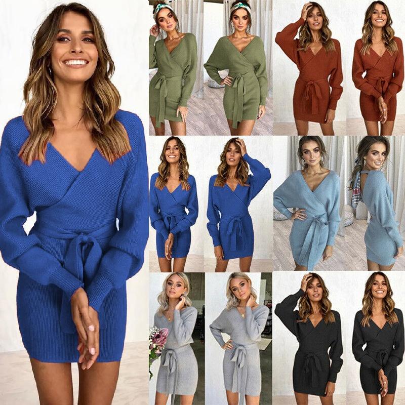 Elegant Women's V-neck Bodycon Jumper Dress With Long Sleeves And Tie Belt